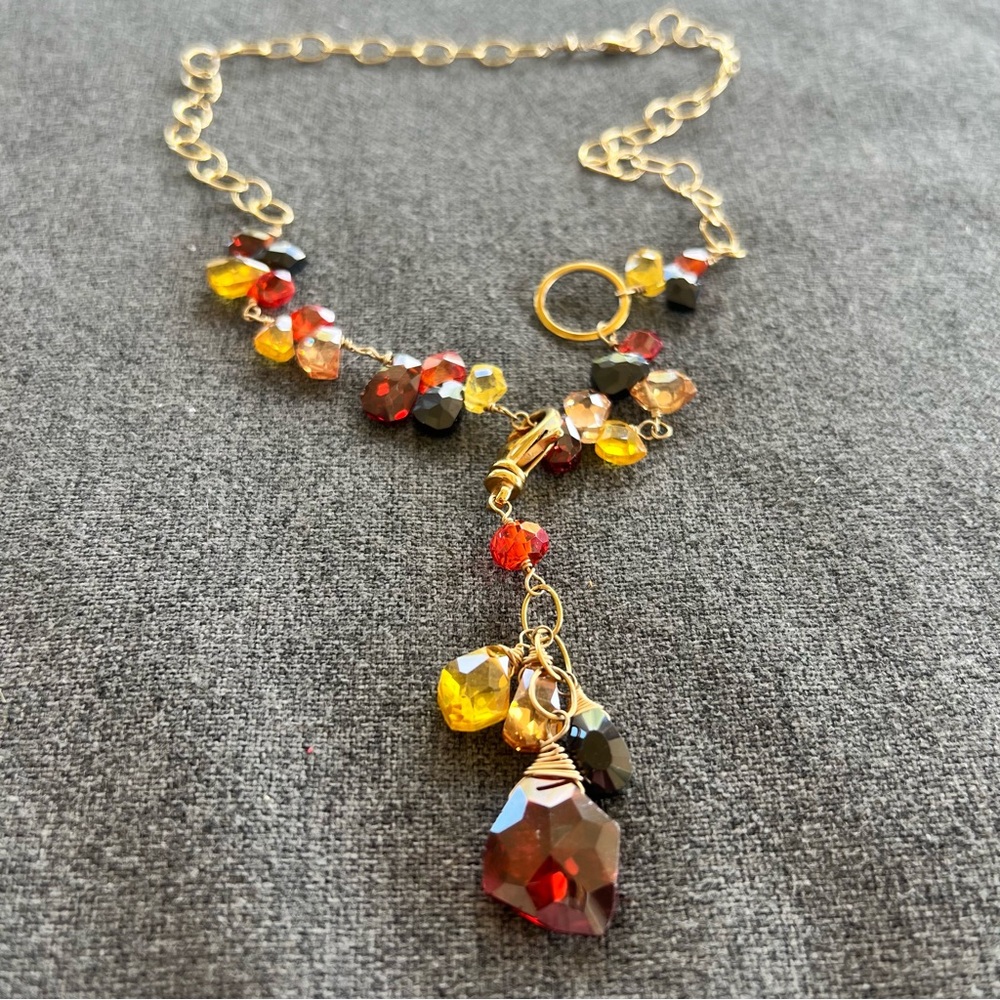 Cluster Necklace with Deep Amber Color Faceted Beads 16” Long